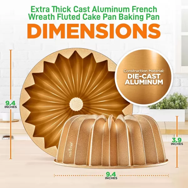 imageNutriChef 9Inch Bundt Cake Pan  Thick and Heavy Cast Aluminum Bakeware with 2 Layers of Nonstick Coating  French Wreath Design for Uniform Baking Up To 500 Degrees  Easy to Clean GoldLines