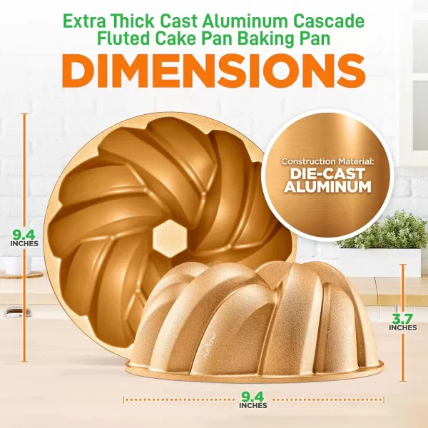 imageNutriChef 9Inch Bundt Cake Pan  Thick and Heavy Cast Aluminum Bakeware with 2 Layers of Nonstick Coating  French Wreath Design for Uniform Baking Up To 500 Degrees  Easy to Clean GoldFlow