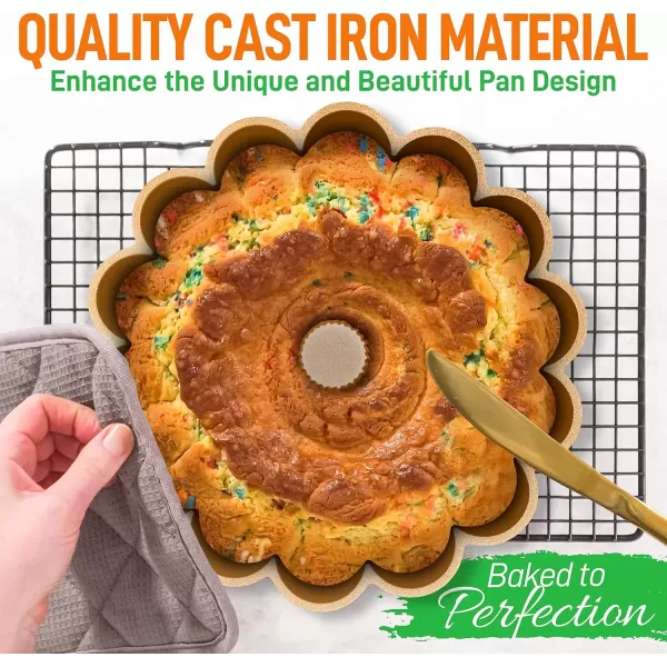 imageNutriChef 9Inch Bundt Cake Pan  Thick and Heavy Cast Aluminum Bakeware with 2 Layers of Nonstick Coating  French Wreath Design for Uniform Baking Up To 500 Degrees  Easy to Clean GoldMarquise