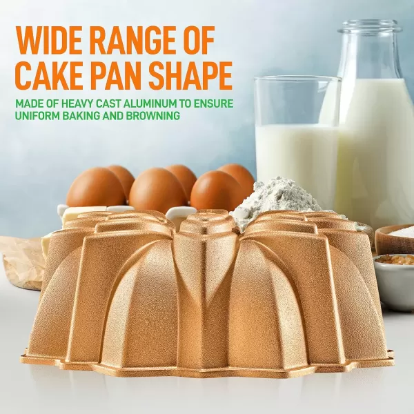 imageNutriChef 9Inch Bundt Cake Pan  Thick and Heavy Cast Aluminum Bakeware with 2 Layers of Nonstick Coating  French Wreath Design for Uniform Baking Up To 500 Degrees  Easy to Clean GoldFlower