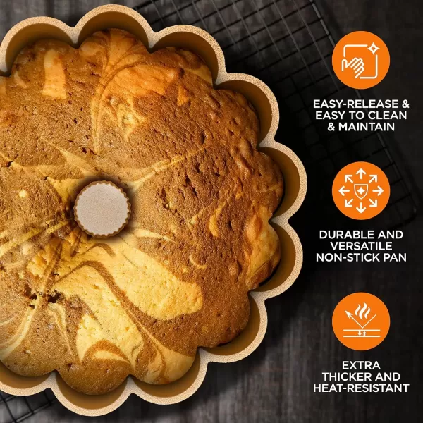 imageNutriChef 9Inch Bundt Cake Pan  Thick and Heavy Cast Aluminum Bakeware with 2 Layers of Nonstick Coating  French Wreath Design for Uniform Baking Up To 500 Degrees  Easy to Clean GoldMarquise
