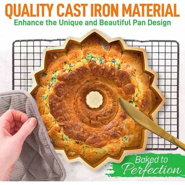imageNutriChef 9Inch Bundt Cake Pan  Thick and Heavy Cast Aluminum Bakeware with 2 Layers of Nonstick Coating  French Wreath Design for Uniform Baking Up To 500 Degrees  Easy to Clean GoldFlower
