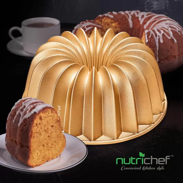 imageNutriChef 9Inch Bundt Cake Pan  Thick and Heavy Cast Aluminum Bakeware with 2 Layers of Nonstick Coating  French Wreath Design for Uniform Baking Up To 500 Degrees  Easy to Clean GoldLines