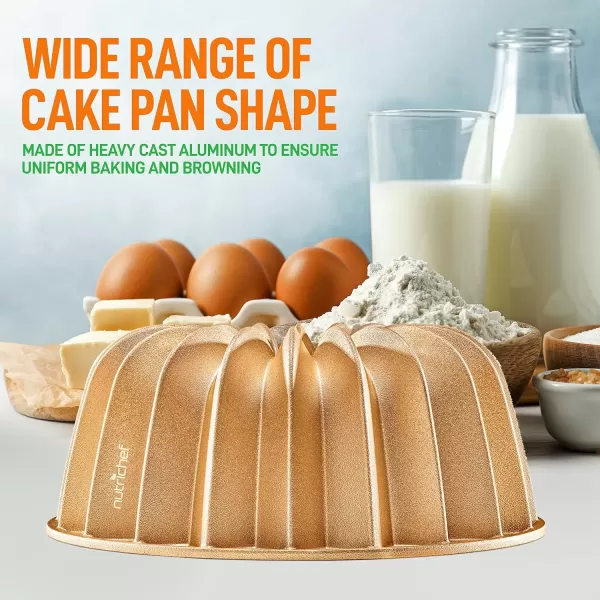 imageNutriChef 9Inch Bundt Cake Pan  Thick and Heavy Cast Aluminum Bakeware with 2 Layers of Nonstick Coating  French Wreath Design for Uniform Baking Up To 500 Degrees  Easy to Clean GoldLines