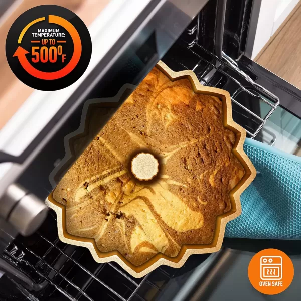 imageNutriChef 9Inch Bundt Cake Pan  Thick and Heavy Cast Aluminum Bakeware with 2 Layers of Nonstick Coating  French Wreath Design for Uniform Baking Up To 500 Degrees  Easy to Clean GoldFlower