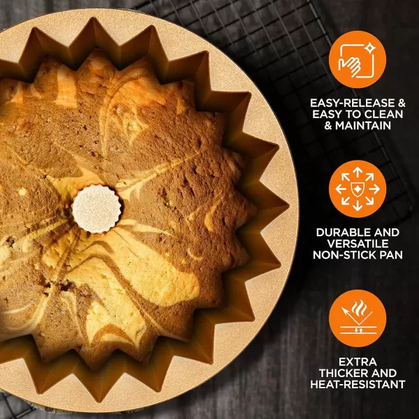 imageNutriChef 9Inch Bundt Cake Pan  Thick and Heavy Cast Aluminum Bakeware with 2 Layers of Nonstick Coating  French Wreath Design for Uniform Baking Up To 500 Degrees  Easy to Clean GoldLines