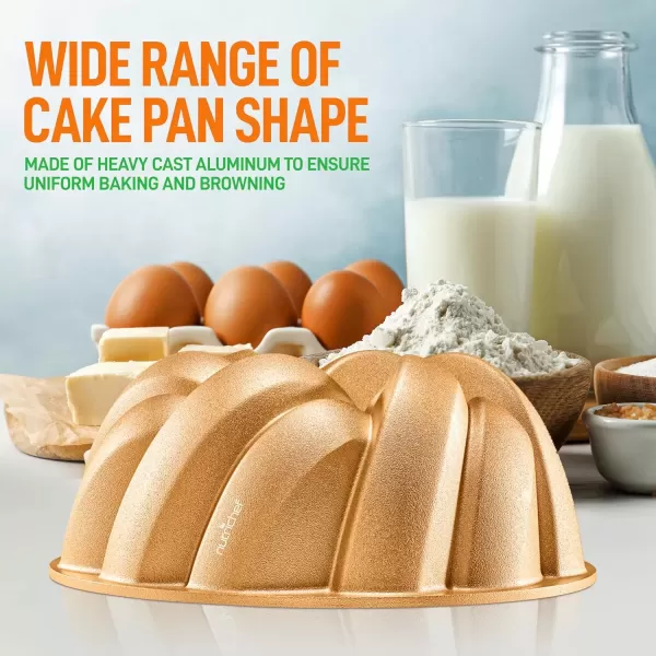 imageNutriChef 9Inch Bundt Cake Pan  Thick and Heavy Cast Aluminum Bakeware with 2 Layers of Nonstick Coating  French Wreath Design for Uniform Baking Up To 500 Degrees  Easy to Clean GoldFlow