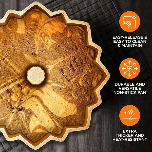 imageNutriChef 9Inch Bundt Cake Pan  Thick and Heavy Cast Aluminum Bakeware with 2 Layers of Nonstick Coating  French Wreath Design for Uniform Baking Up To 500 Degrees  Easy to Clean GoldFlower