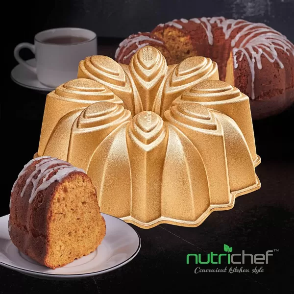 imageNutriChef 9Inch Bundt Cake Pan  Thick and Heavy Cast Aluminum Bakeware with 2 Layers of Nonstick Coating  French Wreath Design for Uniform Baking Up To 500 Degrees  Easy to Clean GoldFlower