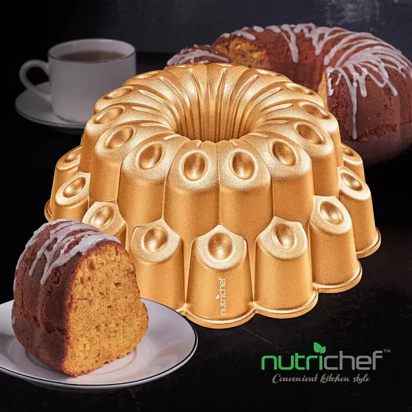 imageNutriChef 9Inch Bundt Cake Pan  Thick and Heavy Cast Aluminum Bakeware with 2 Layers of Nonstick Coating  French Wreath Design for Uniform Baking Up To 500 Degrees  Easy to Clean GoldMarquise