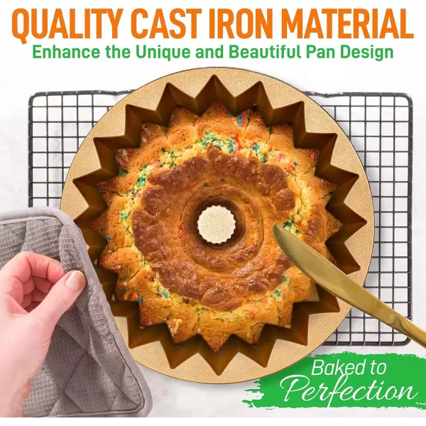 imageNutriChef 9Inch Bundt Cake Pan  Thick and Heavy Cast Aluminum Bakeware with 2 Layers of Nonstick Coating  French Wreath Design for Uniform Baking Up To 500 Degrees  Easy to Clean GoldLines
