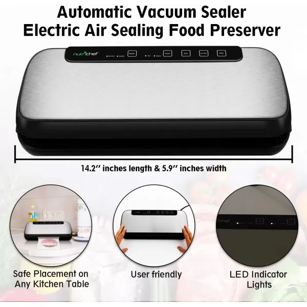 imageNutriChef AZPKVS20STS 12 Saver with LED Indicator Lights Starter Kit ampamp Extra Bags Compact Design Dry ampamp Moist Food Modes 59 x 142 x 3 inches Silver