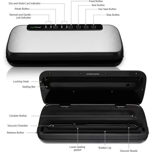 imageNutriChef AZPKVS20STS 12 Saver with LED Indicator Lights Starter Kit ampamp Extra Bags Compact Design Dry ampamp Moist Food Modes 59 x 142 x 3 inches Silver