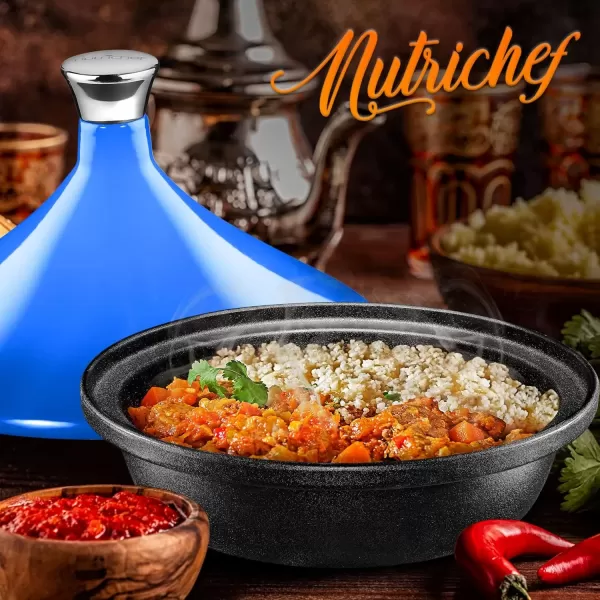 imageNutriChef Cast Iron Moroccan Tagine  116 Inch Tajine Cooking Pot with Stainless Steel Knob Enameled Base ConeShaped Enameled Lid  Oven and Dishwasher safe  275 Quart Blue
