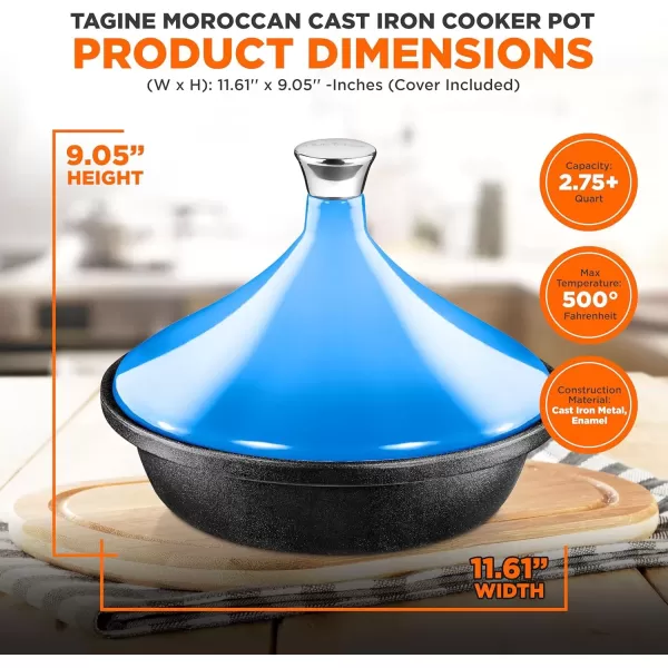 imageNutriChef Cast Iron Moroccan Tagine  116 Inch Tajine Cooking Pot with Stainless Steel Knob Enameled Base ConeShaped Enameled Lid  Oven and Dishwasher safe  275 Quart Blue