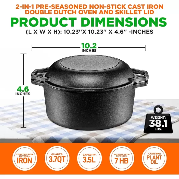 imageNutriChef Cast Iron Multi Cooker  PreSeasoned NonStick Double Dutch Oven Stovetop Casserole Cookware Braising Pot and Skillet Lid with Handle For Oven Stove Grill Over a Campfire Cooking