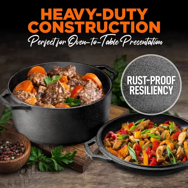 imageNutriChef Cast Iron Multi Cooker  PreSeasoned NonStick Double Dutch Oven Stovetop Casserole Cookware Braising Pot and Skillet Lid with Handle For Oven Stove Grill Over a Campfire Cooking