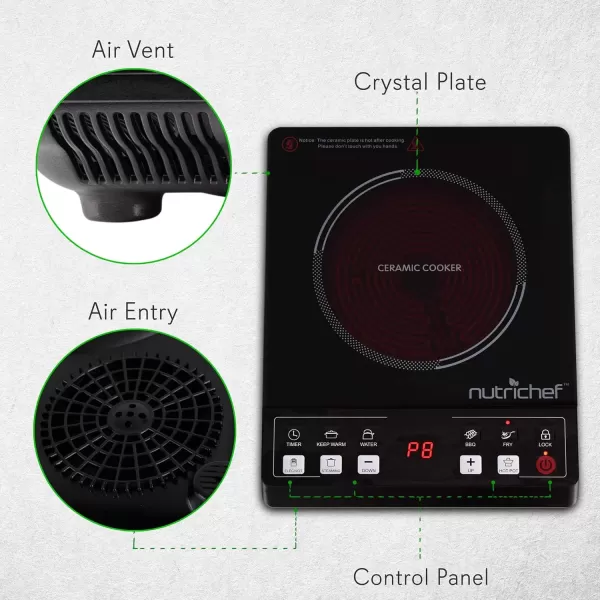 imageNutriChef Countertop Burner Infrared Cooktop Ceramic Cookware Electric Stovetop Black Tempered Glass LCD Display Keep Warm 1200W 120V One size