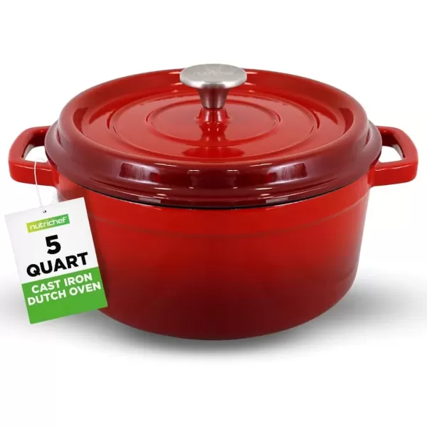 imageNutriChef Enameled Cast Iron Dutch Oven5Quart Kitchen Round Dutch Oven Stovetop Casserole Cookware Porcelain Enamel Coated CastIron Baking Pots w Self Basting LidNCCIEC45RedMedium