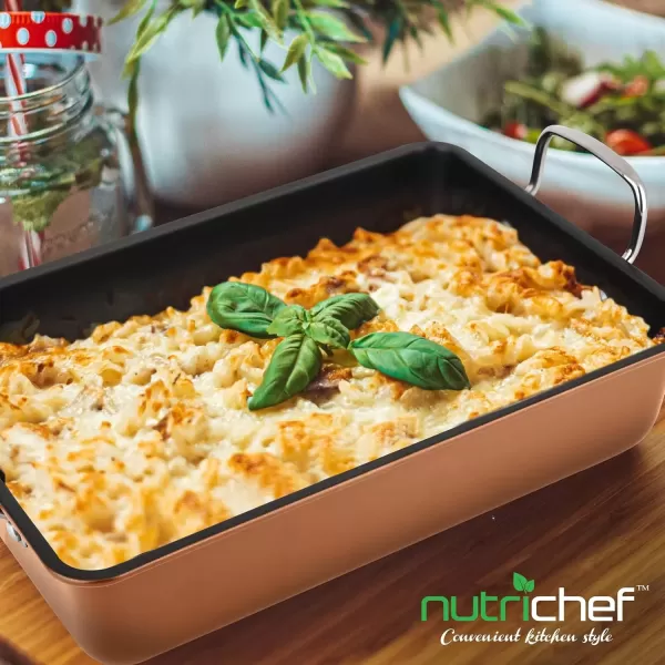imageNutriChef Lasagna Pan Baking Dish for Oven Heavy Duty Nonstick Carbon Steel Bakeware Roasting Pan with Wire Handles Dishwasher Safe  Brown  15 x 10 x 37 Inch