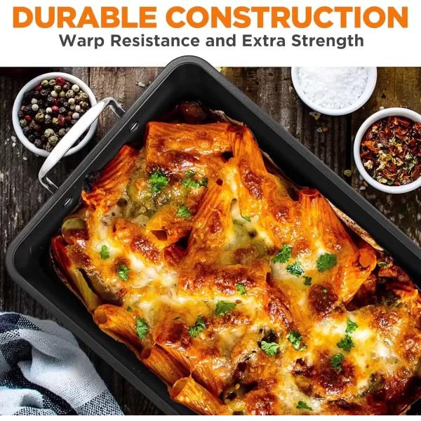 imageNutriChef Lasagna Pan Baking Dish for Oven Heavy Duty Nonstick Carbon Steel Bakeware Roasting Pan with Wire Handles Dishwasher Safe  Brown  15 x 10 x 37 Inch