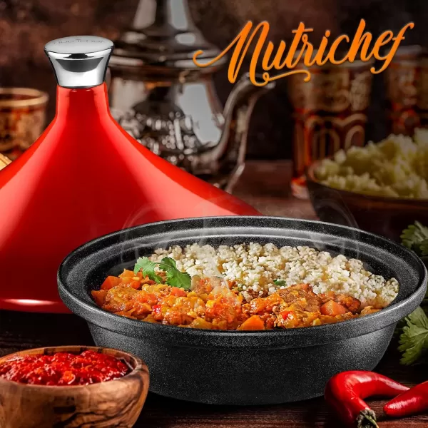 imageNutriChef Moroccan Tagine Pot for Cooking  Premium Cast Iron Cooking Pot with Stainless Steel Knob and Red ConeShaped Porcelain Enameled Lid  116quot Width 275 Qt
