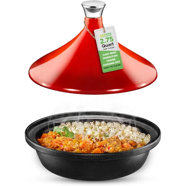 imageNutriChef Moroccan Tagine Pot for Cooking  Premium Cast Iron Cooking Pot with Stainless Steel Knob and Red ConeShaped Porcelain Enameled Lid  116quot Width 275 Qt