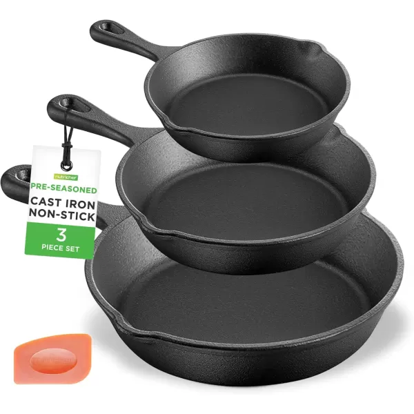 imageNutriChef PreSeasoned Cast Iron Skillet Pans  3 Pieces Kitchen Frying Pan Nonstick Cookware Set wDrip Spout  Includes Scraper  Electric Stovetop Induction Gas Range Ceramic  NutriChef NCCI76