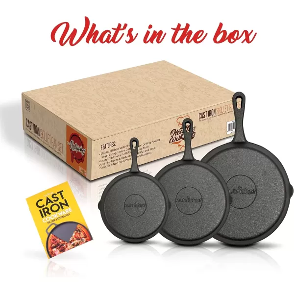 imageNutriChef PreSeasoned Cast Iron Skillet Pans  3 Pieces Kitchen Frying Pan Nonstick Cookware Set wDrip Spout  Includes Scraper  Electric Stovetop Induction Gas Range Ceramic  NutriChef NCCI76