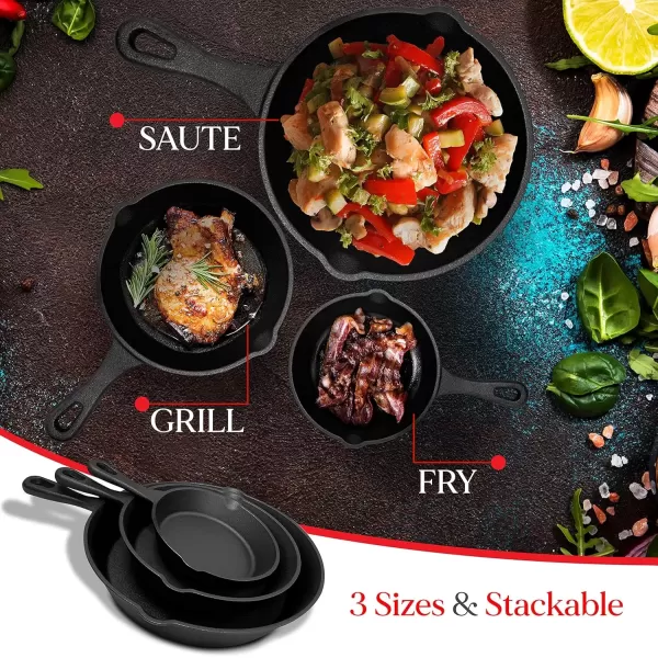 imageNutriChef PreSeasoned Cast Iron Skillet Pans  3 Pieces Kitchen Frying Pan Nonstick Cookware Set wDrip Spout  Includes Scraper  Electric Stovetop Induction Gas Range Ceramic  NutriChef NCCI76