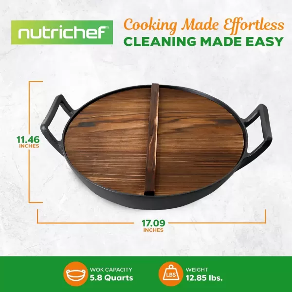 imageNutriChef PreSeasoned Cast Pan58 QT Heavy Duty NonStick Iron Chinese Wok or Stir Fry Skillet wWooden Lid for Electric Stove Top Induction Large Black