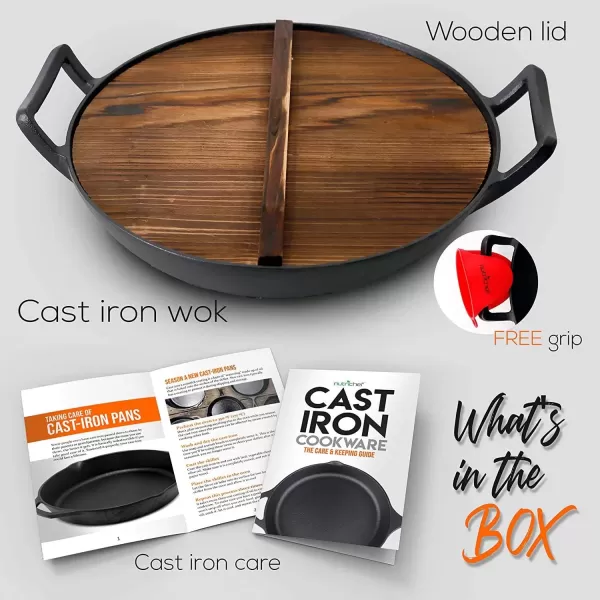 imageNutriChef PreSeasoned Cast Pan58 QT Heavy Duty NonStick Iron Chinese Wok or Stir Fry Skillet wWooden Lid for Electric Stove Top Induction Large Black