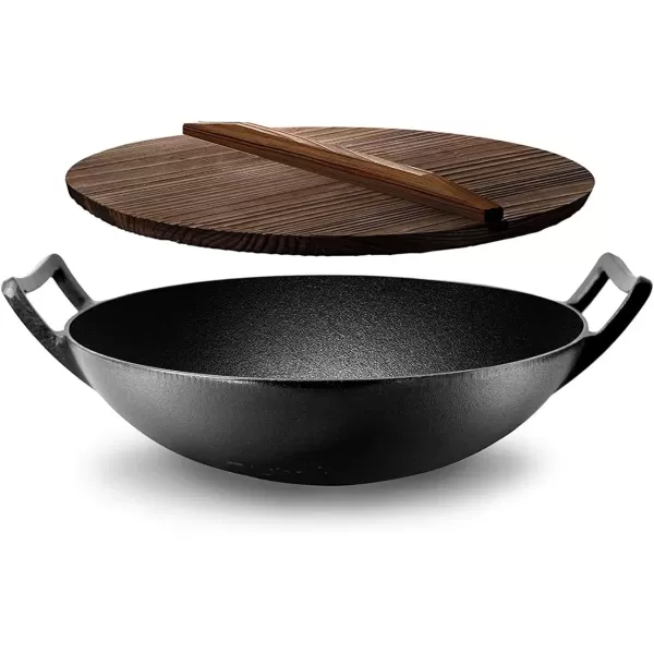 imageNutriChef PreSeasoned Cast Pan58 QT Heavy Duty NonStick Iron Chinese Wok or Stir Fry Skillet wWooden Lid for Electric Stove Top Induction Large Black