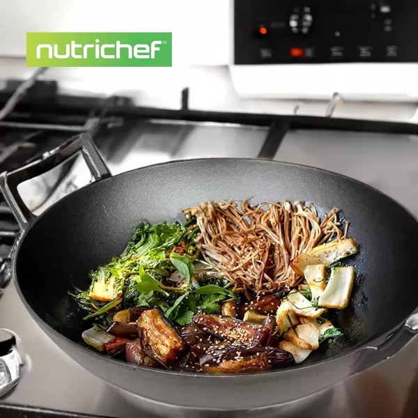 imageNutriChef PreSeasoned Cast Pan58 QT Heavy Duty NonStick Iron Chinese Wok or Stir Fry Skillet wWooden Lid for Electric Stove Top Induction Large Black