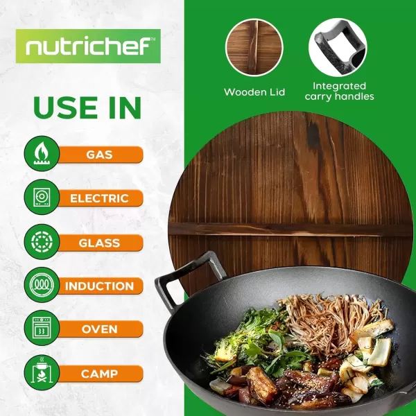 imageNutriChef PreSeasoned Cast Pan58 QT Heavy Duty NonStick Iron Chinese Wok or Stir Fry Skillet wWooden Lid for Electric Stove Top Induction Large Black