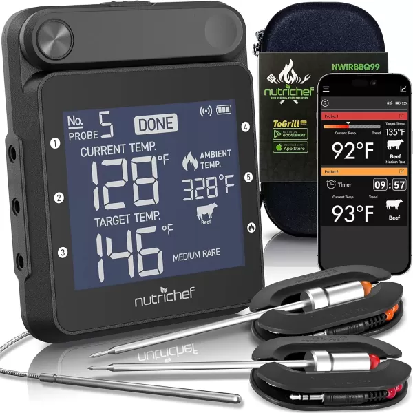 imageNutriChef Smart Bluetooth BBQ Grill Thermometer  Digital Display Stainless Dual Probes Safe to Leave in Outdoor Barbecue Meat Smoker  Wireless Remote Alert iOS Android Phone WiFi App  PWIRBBQ60Wifi Black