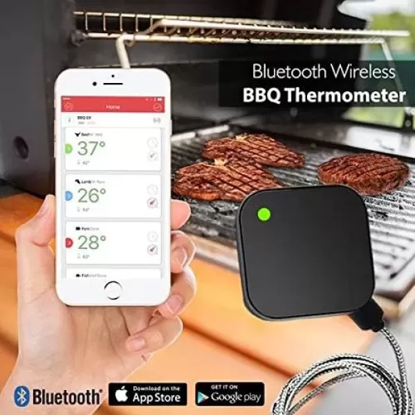 imageNutriChef Smart Bluetooth BBQ Thermometer  Upgraded Stainless Probe Safe to Leave in Grill Outdoor Barbecue or Meat Smoker  Wireless Remote Alert iOS Android Phone WiFi App  PWIRBBQ409