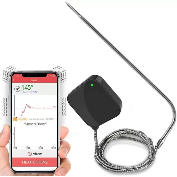 imageNutriChef Smart Bluetooth BBQ Thermometer  Upgraded Stainless Probe Safe to Leave in Grill Outdoor Barbecue or Meat Smoker  Wireless Remote Alert iOS Android Phone WiFi App  PWIRBBQ409