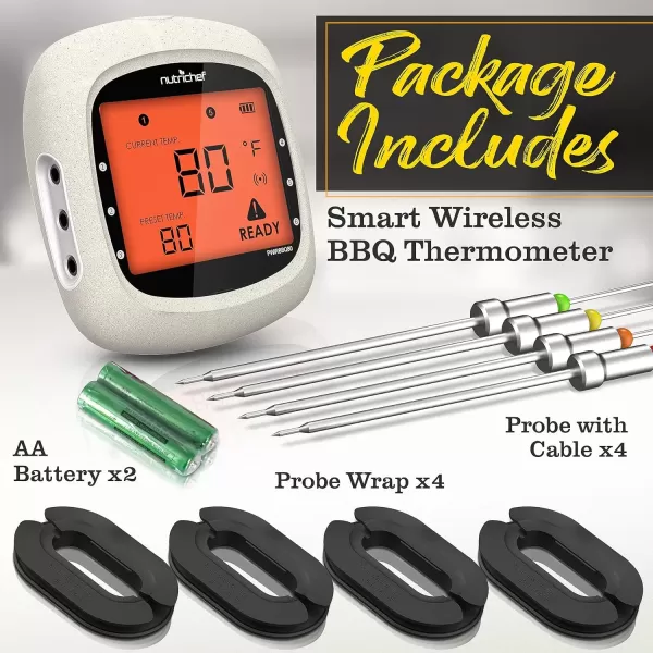 imageNutriChef Smart Bluetooth BBQ Thermometer with Travel Zip Case Upgraded Stainless w 2 Temperature Probes LCD Display Done Alarm Android iPhone Gas Charcoal BBQ Smoker Temp MonitoringWhite 4 Probes