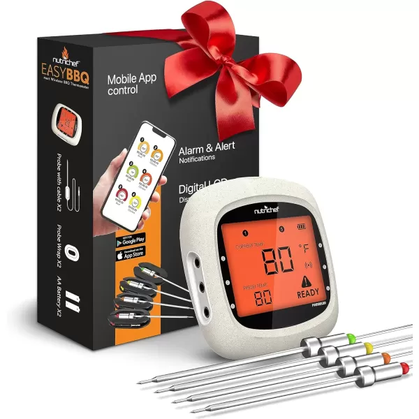 imageNutriChef Smart Bluetooth BBQ Thermometer with Travel Zip Case Upgraded Stainless w 2 Temperature Probes LCD Display Done Alarm Android iPhone Gas Charcoal BBQ Smoker Temp MonitoringWhite 4 Probes