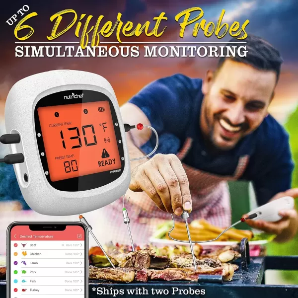 imageNutriChef Smart Bluetooth BBQ Thermometer with Travel Zip Case Upgraded Stainless w 2 Temperature Probes LCD Display Done Alarm Android iPhone Gas Charcoal BBQ Smoker Temp MonitoringWhite 2 Probes