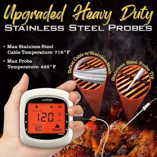 imageNutriChef Smart Bluetooth BBQ Thermometer with Travel Zip Case Upgraded Stainless w 2 Temperature Probes LCD Display Done Alarm Android iPhone Gas Charcoal BBQ Smoker Temp MonitoringWhite 2 Probes