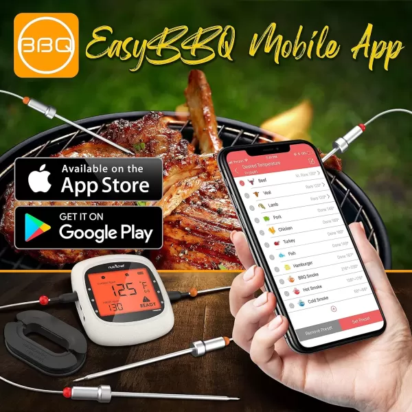 imageNutriChef Smart Bluetooth BBQ Thermometer with Travel Zip Case Upgraded Stainless w 2 Temperature Probes LCD Display Done Alarm Android iPhone Gas Charcoal BBQ Smoker Temp MonitoringWhite 2 Probes