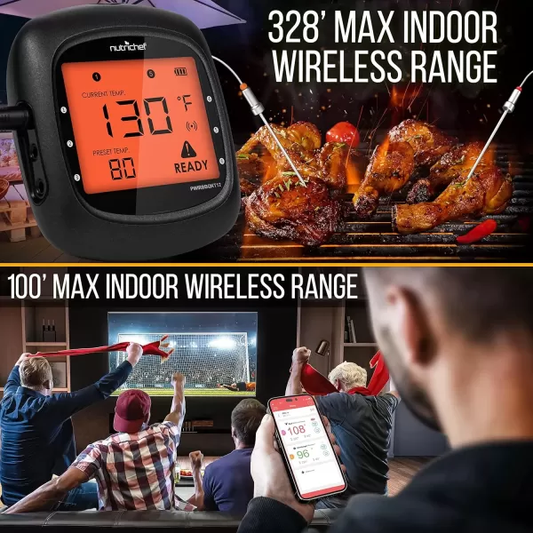 imageNutriChef Smart Bluetooth BBQ Thermometer with Travel Zip Case Upgraded Stainless w 2 Temperature Probes LCD Display Done Alarm Android iPhone Gas Charcoal BBQ Smoker Temp MonitoringBlack 2 Probes  Carry Case