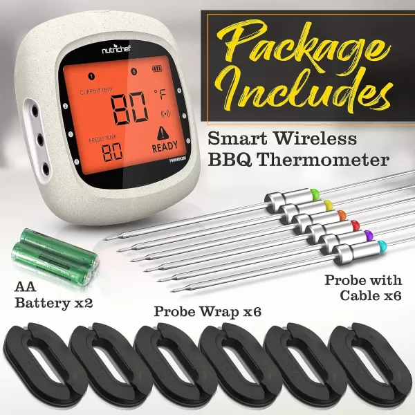 imageNutriChef Smart Bluetooth BBQ Thermometer with Travel Zip Case Upgraded Stainless w 2 Temperature Probes LCD Display Done Alarm Android iPhone Gas Charcoal BBQ Smoker Temp MonitoringWhite 6 Probes