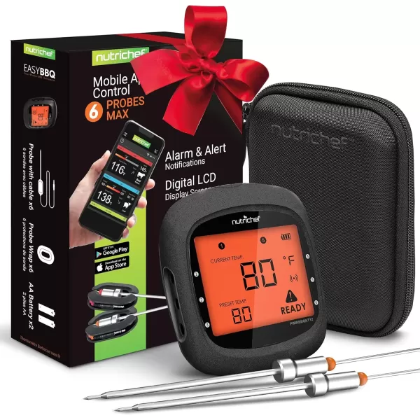 imageNutriChef Smart Bluetooth BBQ Thermometer with Travel Zip Case Upgraded Stainless w 2 Temperature Probes LCD Display Done Alarm Android iPhone Gas Charcoal BBQ Smoker Temp MonitoringBlack 2 Probes  Carry Case