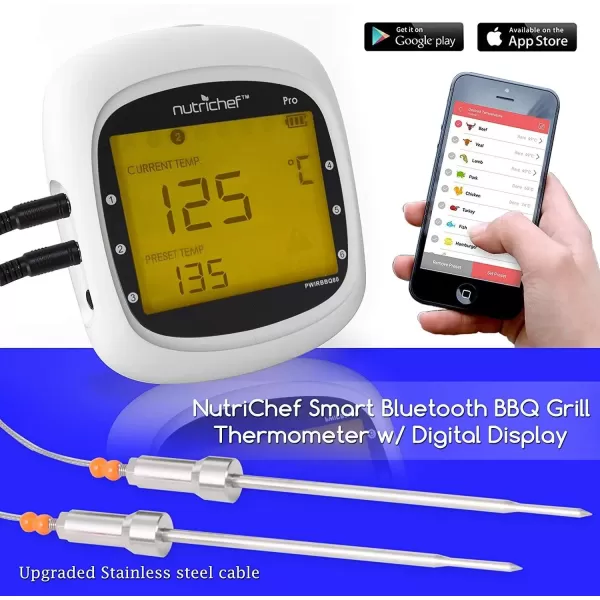 imageNutriChef Wireless Bluetooth BBQ Digital Thermometer  Upgraded Stainless Smart Dual Grill Probes w Remote Alert Safe to Use in Outdoor Barbecue Meat Smoker Works w iOS Android Phone  NutriChef