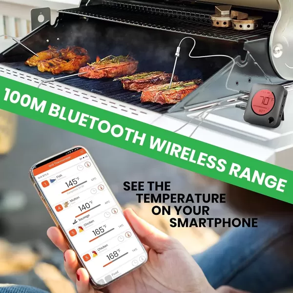 imageNutrichef Bluetooth Meat Thermometer for Grilling and Smoking with Zip Travel Case Wireless Meat Probe with LCD Display