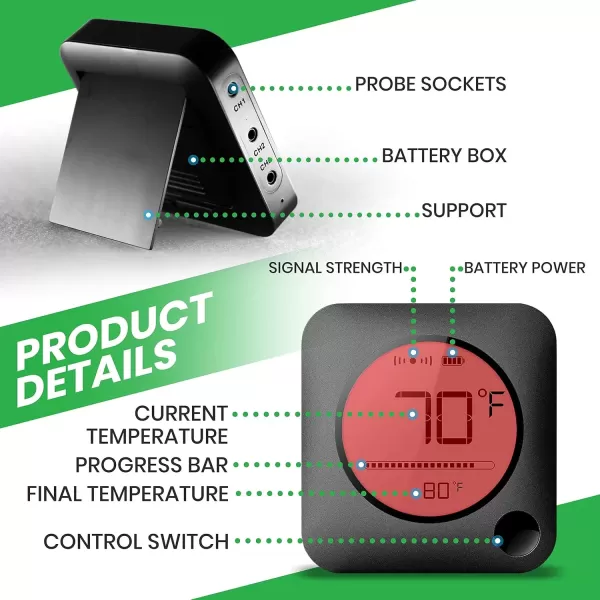 imageNutrichef Bluetooth Meat Thermometer for Grilling and Smoking with Zip Travel Case Wireless Meat Probe with LCD Display