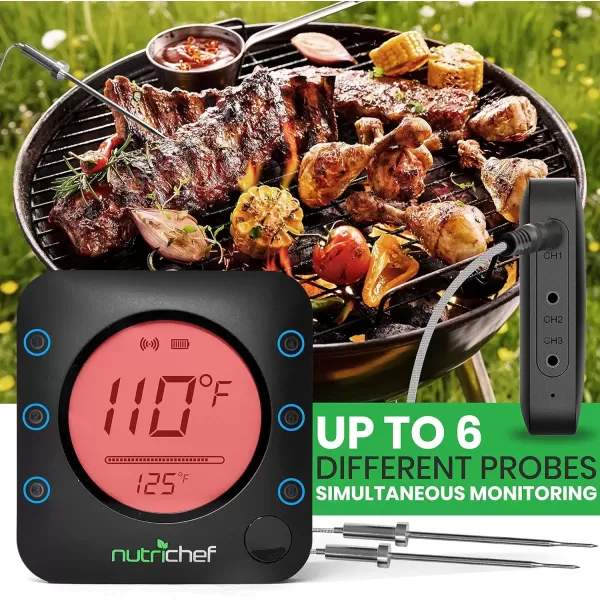 imageNutrichef Bluetooth Meat Thermometer for Grilling and Smoking with Zip Travel Case Wireless Meat Probe with LCD Display